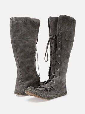 UGG Tall Lace-Up Suede Boots in Charcoal